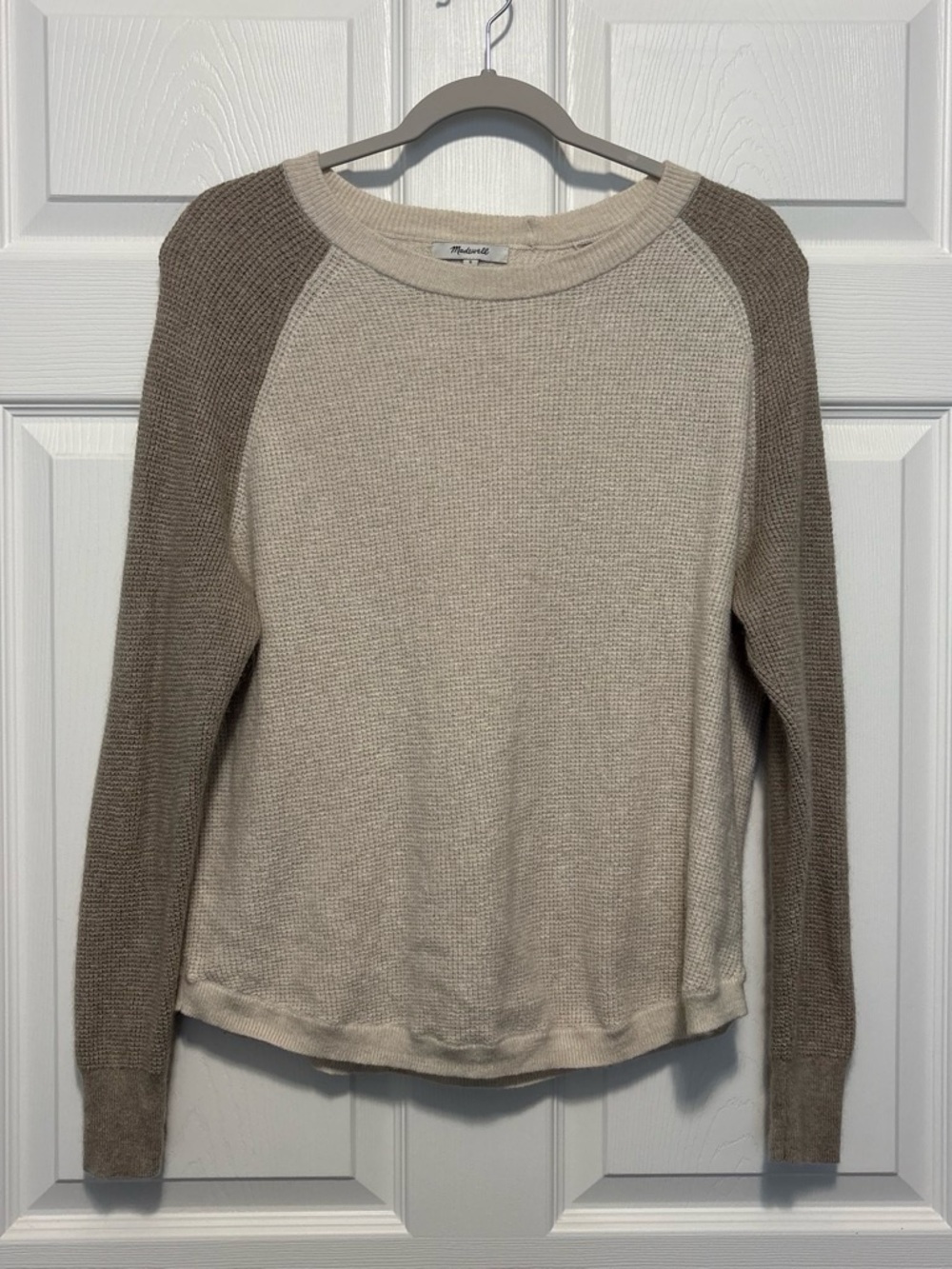 Madewell Two-Tone Cream and Brown Waffle Knit Raglan Pullover